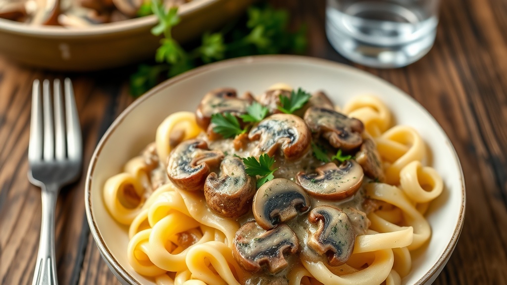 Creamy Mushroom Stroganoff Recipe A comforting bowl of mushroom stroganoff with wide noodles and garnished with parsley.
